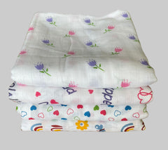 Big Muslin Towels - Flowers, mom&dad, heart, rainbow print (Combo Pack of 4)