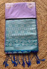 Saree - purple Silk Saree with blue Zari Border