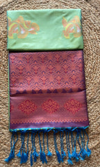 Saree - light green Silk Saree with maroon Zari Border
