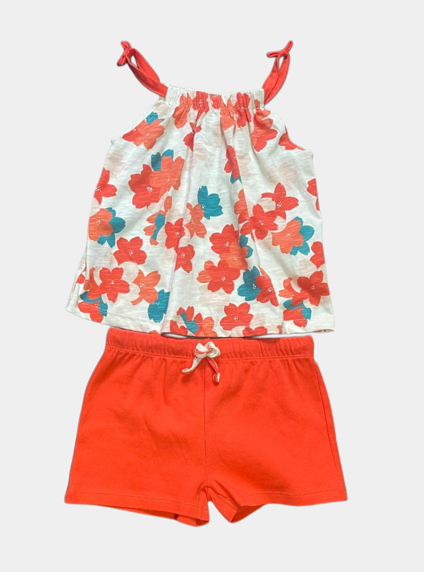 Kids Sleeveless T Shirt Shorts Set White Orange Flower