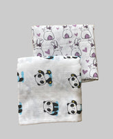 Big Muslin Towels - white base panda and print (Combo Pack of 2)