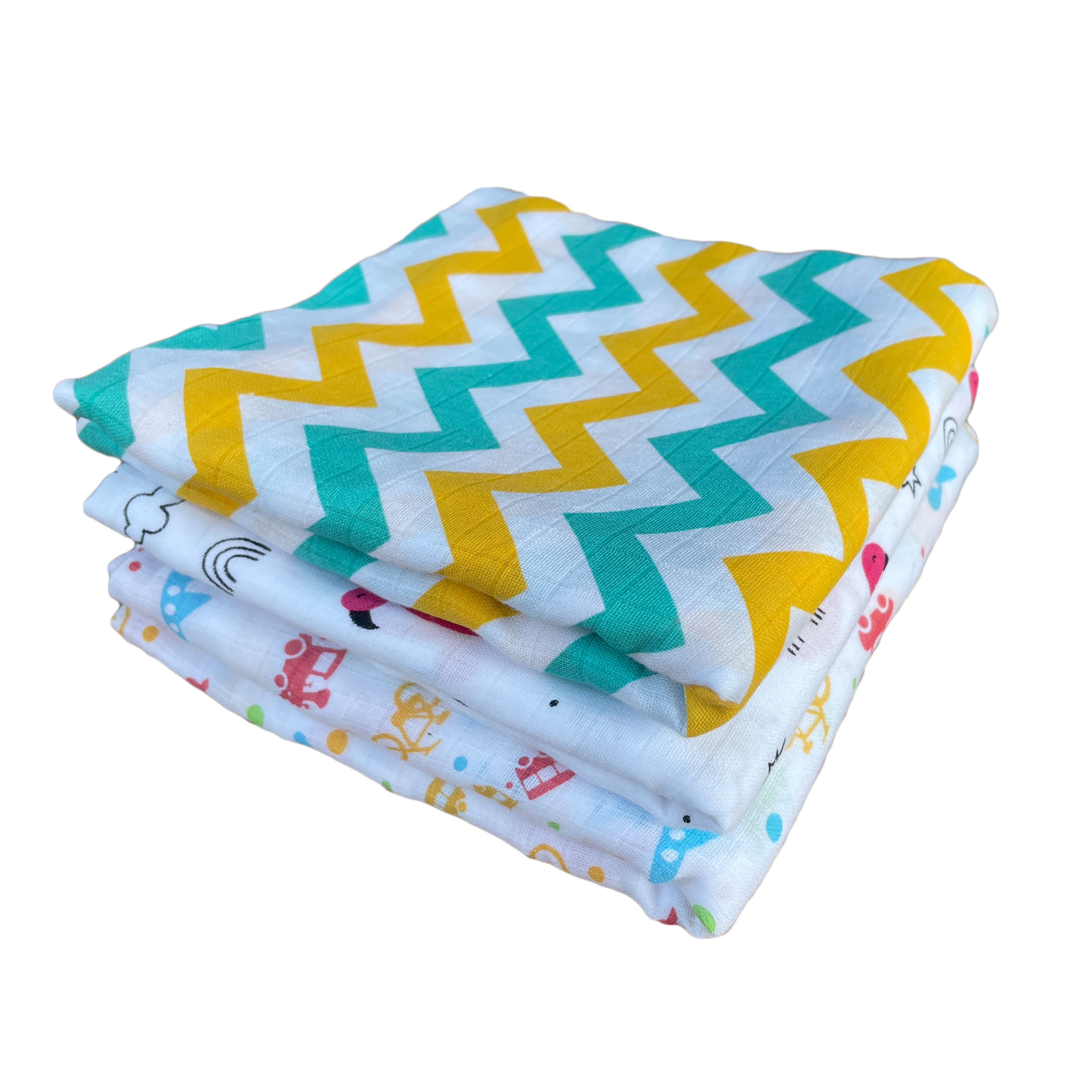 Big Muslin Towels - Train, Crane & Zigzag (Combo Pack of 3)