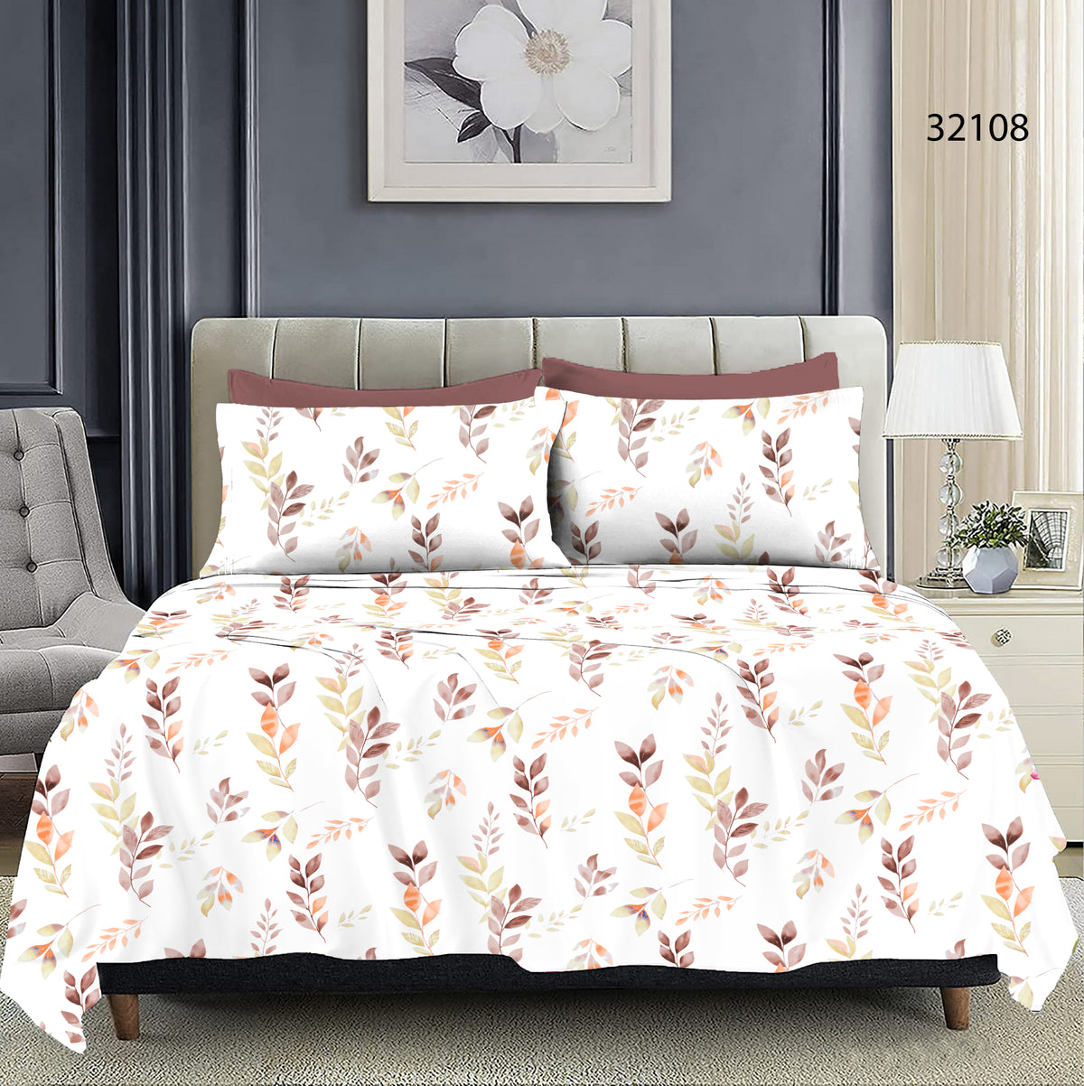 Queen Size Full Bedspread - White Base Orange Leaf