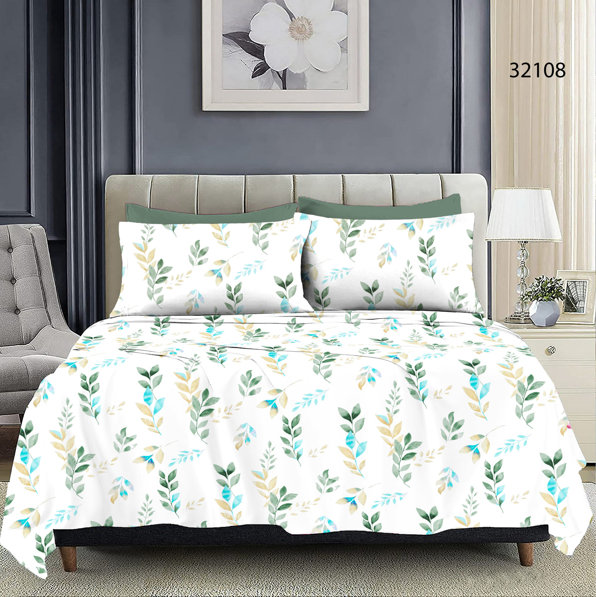 King size Full Bedspread - White Base Sky Blue Leaf