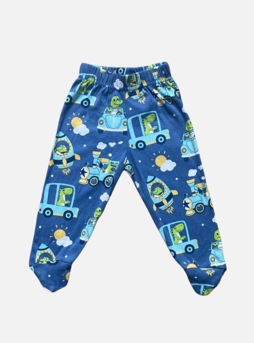 Baby Footed Pant - Blue Car Train Crocodile Sun