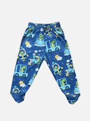 Baby Footed Pant - Blue Car Train Crocodile Sun
