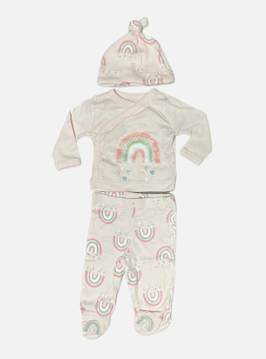 Baby Full Sleeve T-Shirt Cap Pant - Light Pink Rainbow Multi Colours Heart