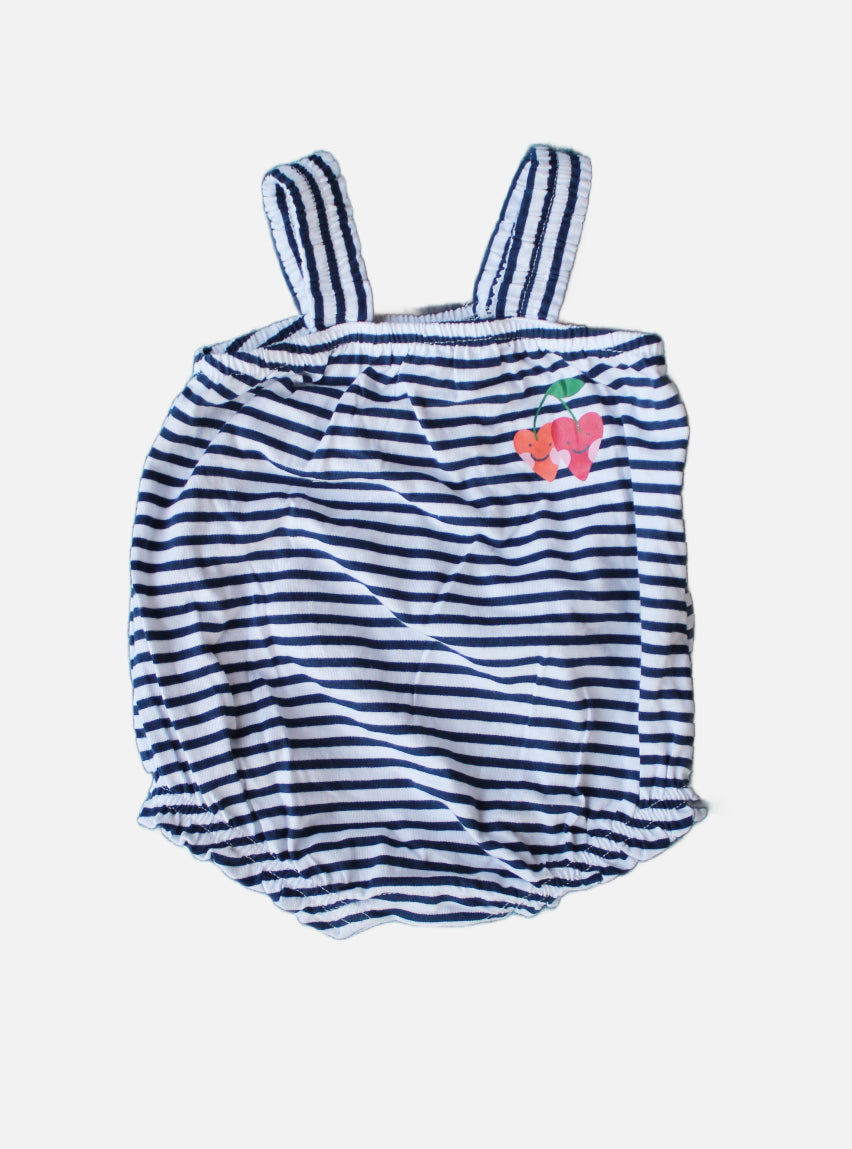 Baby Romper - (6 - 9 Months) White Blue Stripes Two Heart