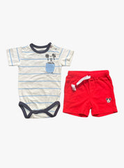 Baby Romper Short - White Blue Stripe Red Mickey