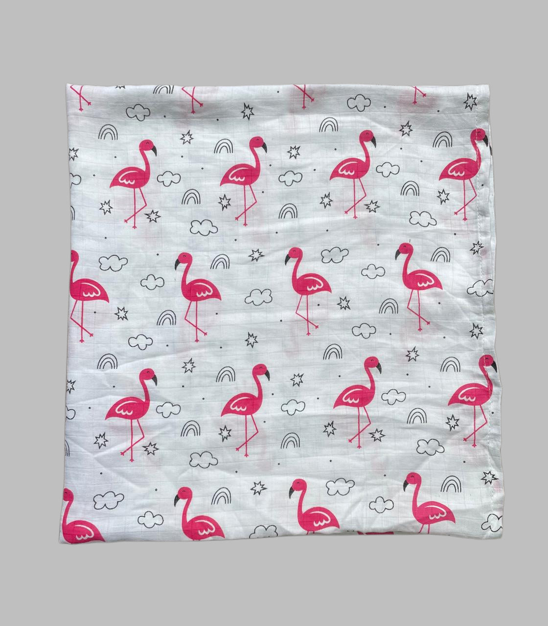 Big Muslin Towel -  White Base  Flamingo