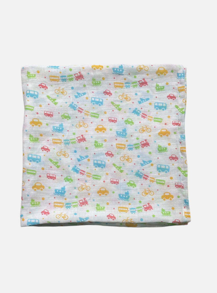 Big Muslin Towel -  White Base Train Car Cycle