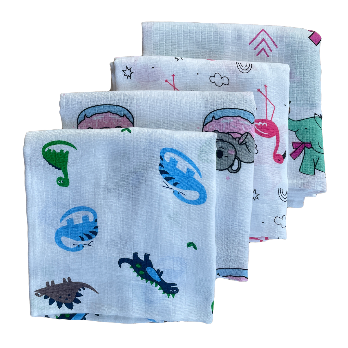 Big Muslin Towels - Dino's, Koala Bear, Crane & Elephant (Combo Pack 4)