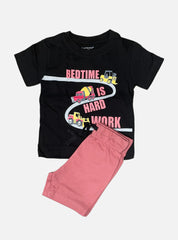 Boys Tee Shorts Set- Black Road Vehicles Light Pink