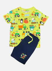 Boys Tee Shorts Set - Green Vehicles Navy Blue