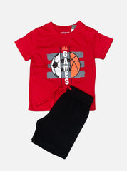 Boys Tee Shorts Set - Red All Games Ball Black