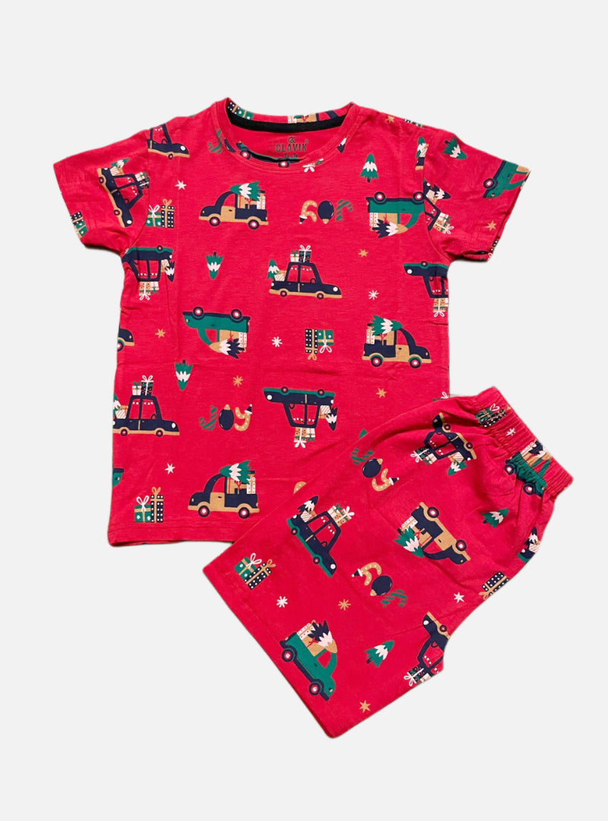Boys Tee Shorts Set - Red Car Christmas Tree