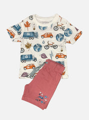 Boys Tee Shorts Set - White World Car Leaf Light Pink