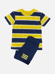 Boys Tee Shorts Set - Yellow Green Navy Blue Stripe