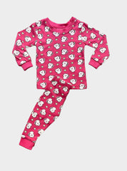 Full Sleeve Loop Knit Pant Set - Pink Cat White Dots