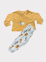 Full Sleeve Loop Knit Pant Set - Yellow Animals
