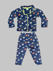 Full Sleeve Night Suit  - Navy  Blue Space