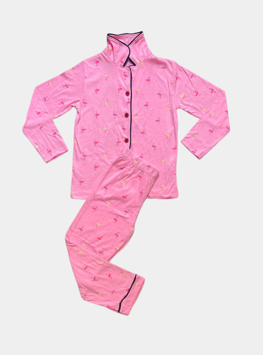 Full Sleeve Night Suit Pant Set - Pink Small Bird