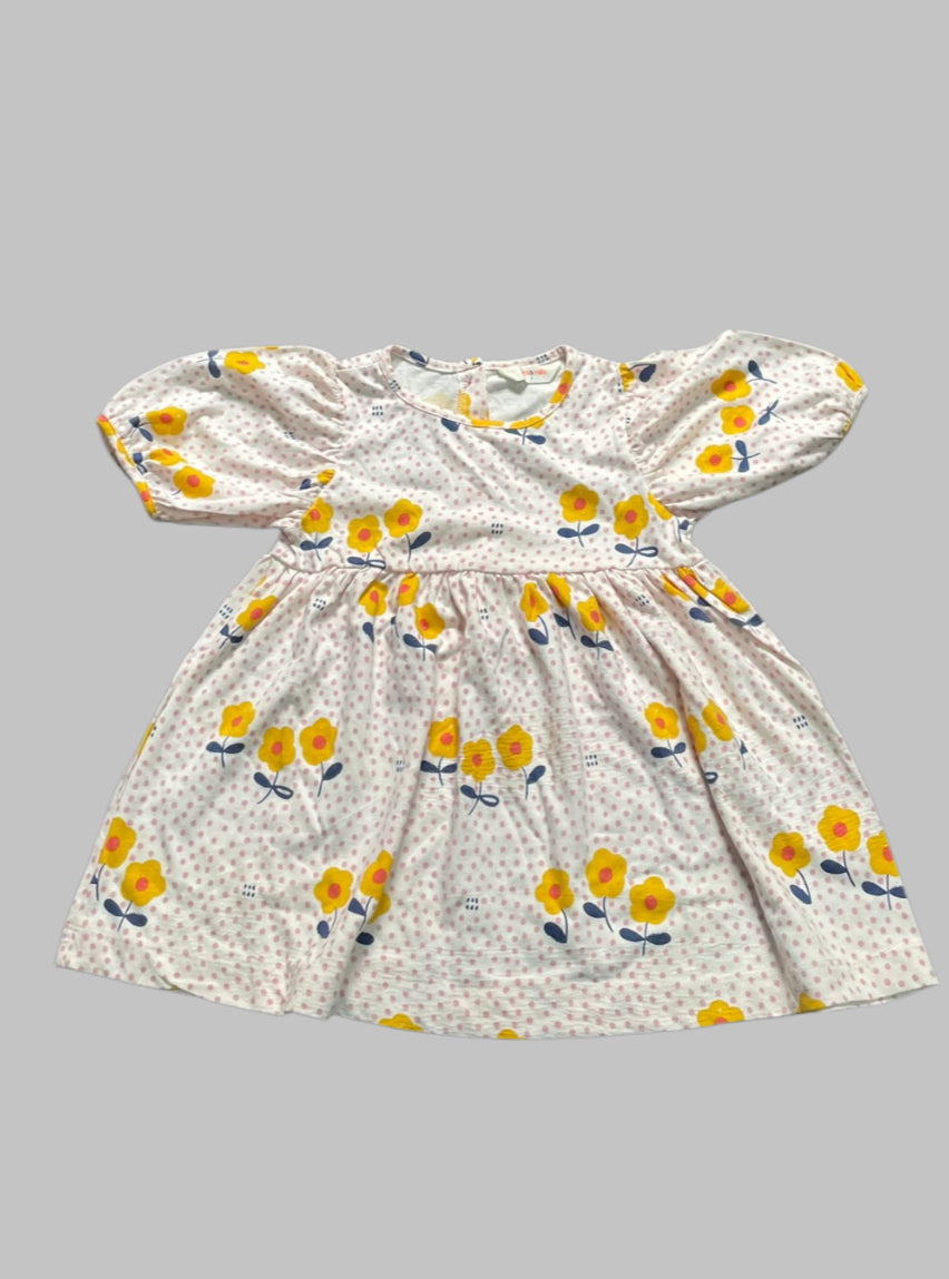 Girls Half Sleeve Frock - White Flower