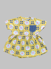 Girls Half Sleeve Frock  - Yellow and White Flower