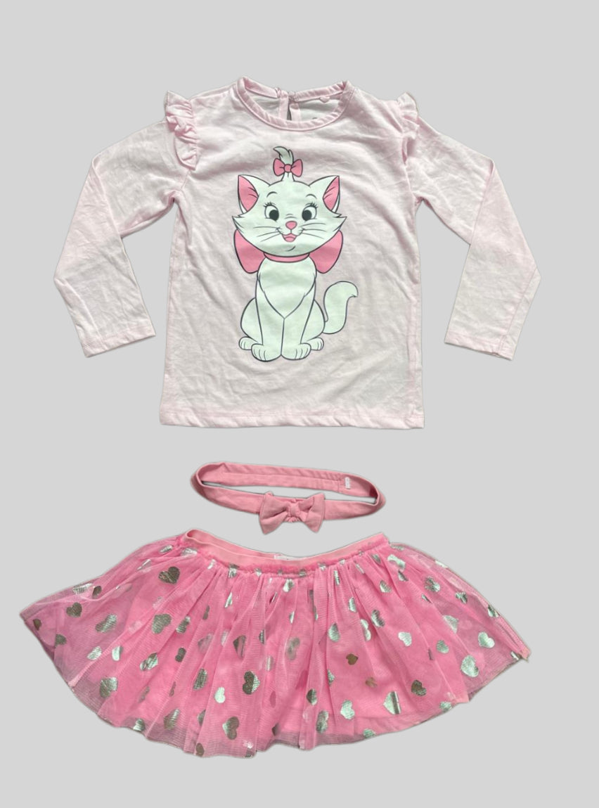 Girls Tee Skirt Set -  Pink Cat