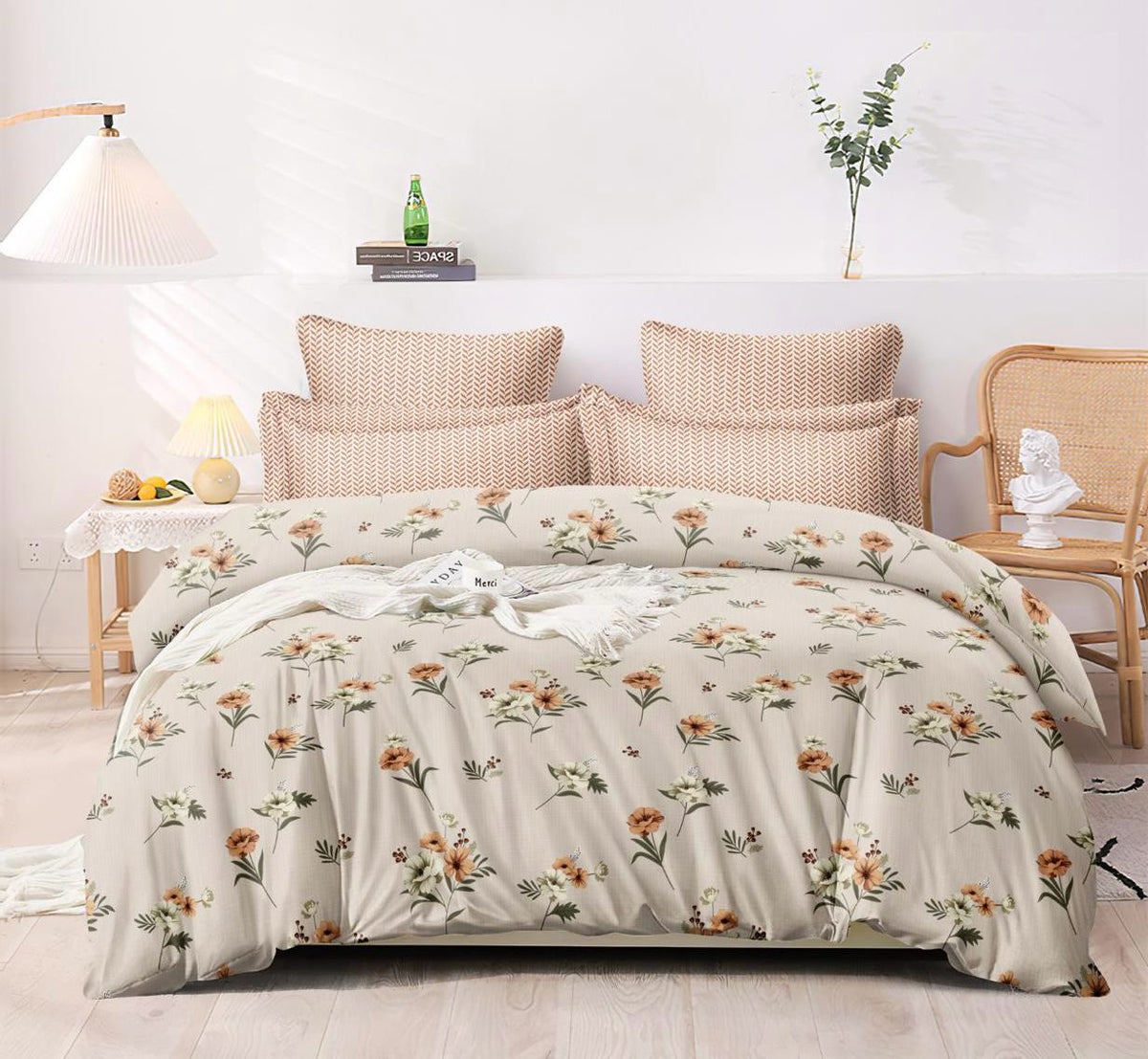 Glace Cotton Queen Size Full Bedspread - Light Brown Sandal Brown Flower's