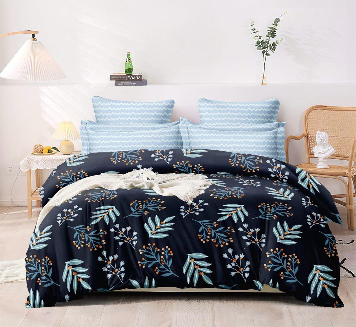 Glace Cotton Queen Size Full Bedspread - Navy Blue Light Blue Leaf Small Flower's