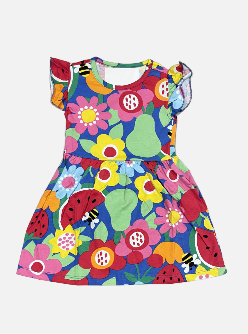 Half Sleeve Frock - Blue Base Multi Colour Flower's