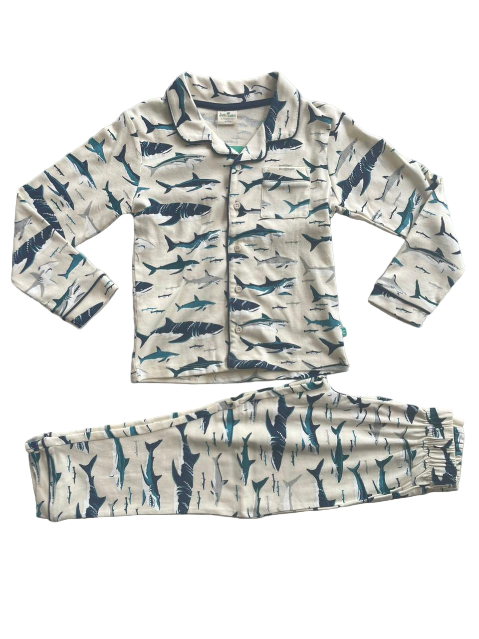 Full Sleeve Night Suit Pant Set white base - blue sharks