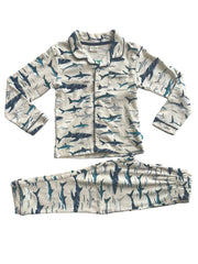 Full Sleeve Night Suit Pant Set white base - blue sharks