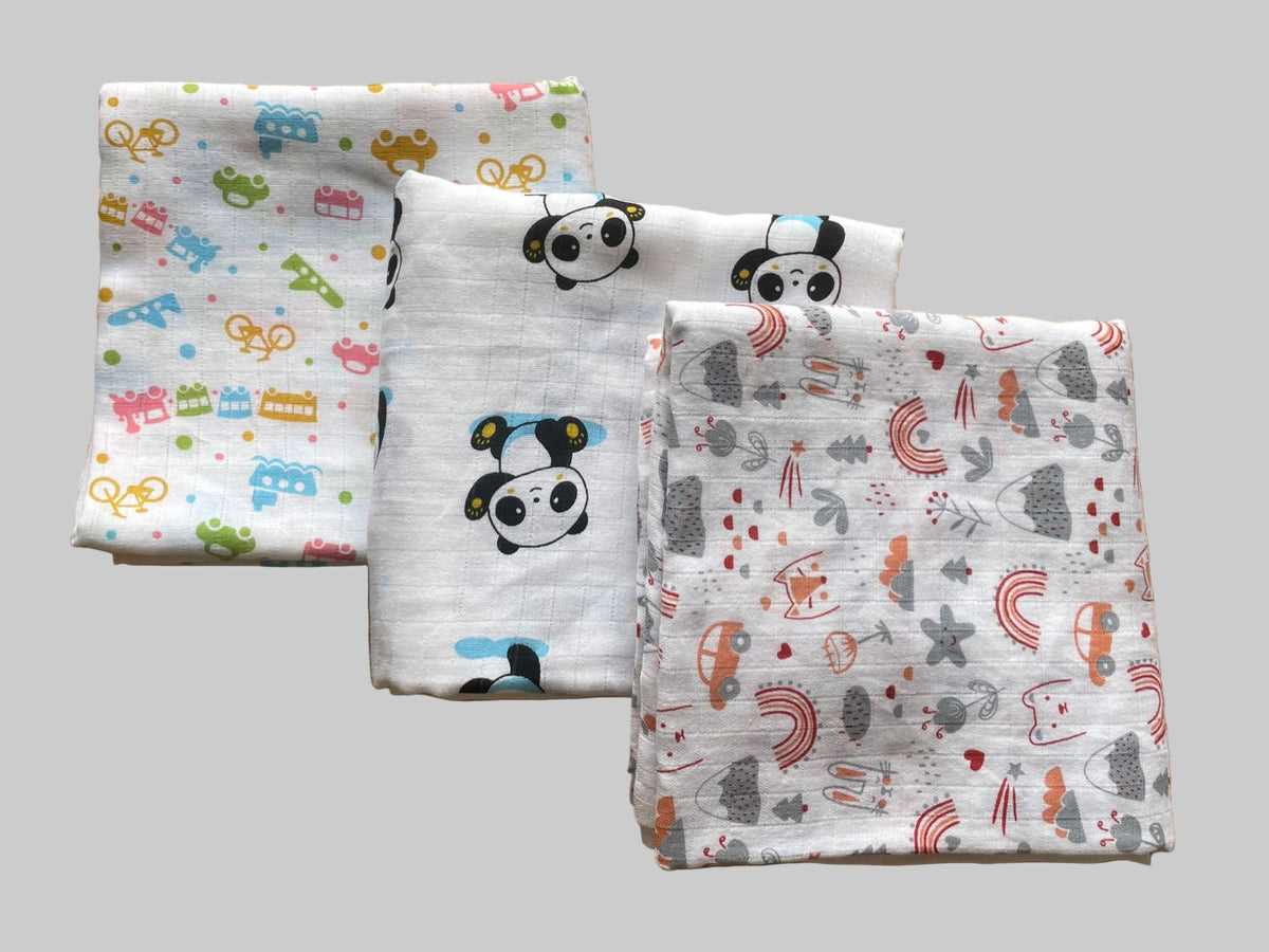Big Muslin Towels - Toys, panda and rainbow print (combo pack of 3)