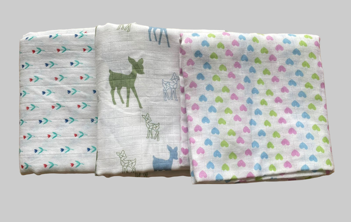 Big Muslin Towels - flowers, animal & heart (Combo Pack of 3)