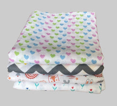 Big Muslin Towels -  white base flowers, heart, animal, zigzag print (Combo Pack of 4)