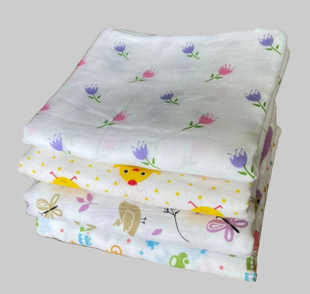 Big Muslin Towels - Flower, toy, fase print (Combo Pack of 4)