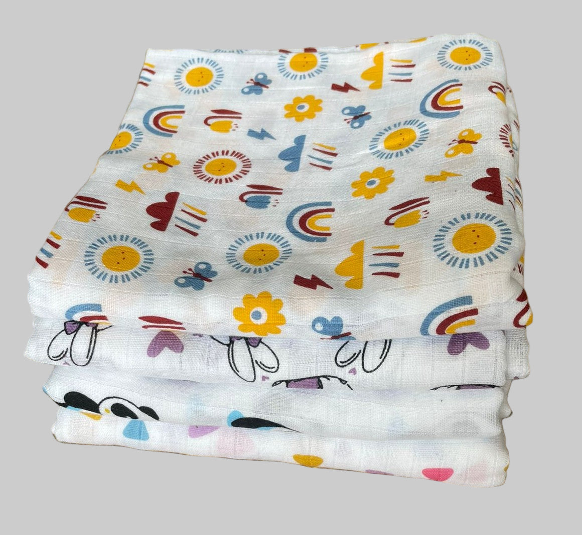 Big Muslin Towels - Rainbow, Animal, panda print (Combo Pack of 4)