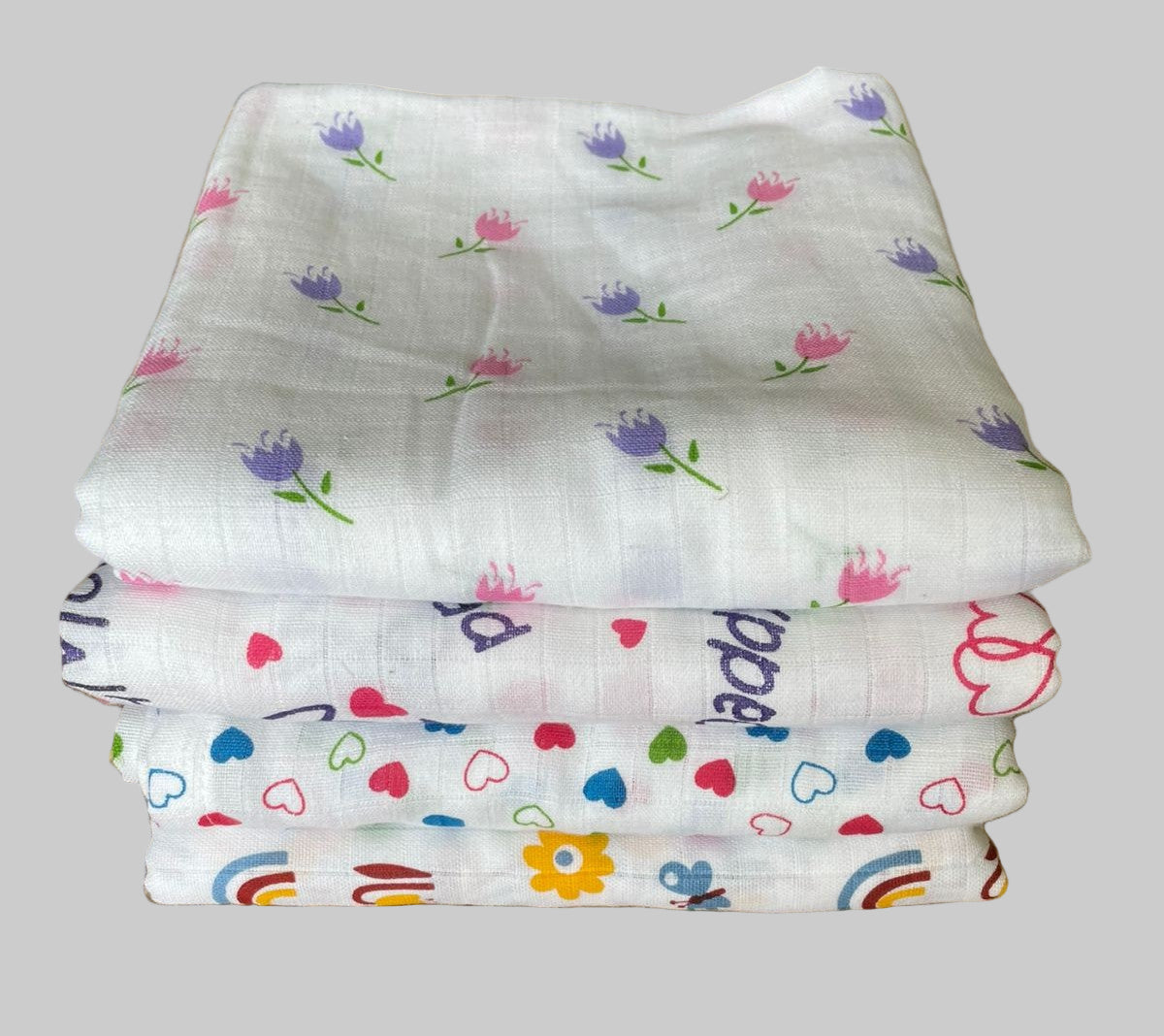 Big Muslin Towels - Flowers, mom&dad, heart, rainbow print (Combo Pack of 4)