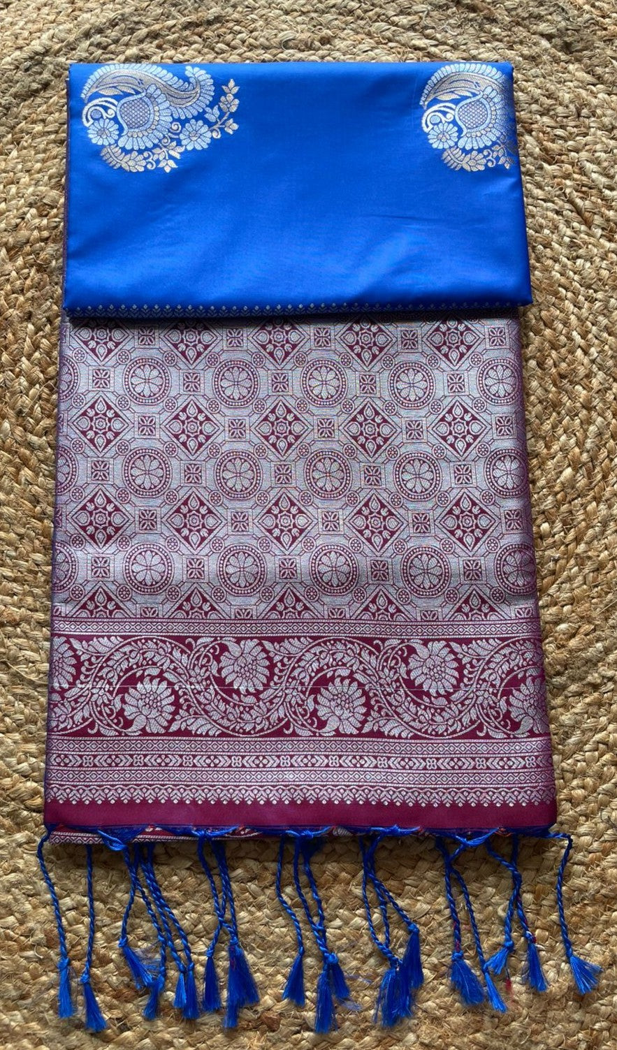 Saree - blue Silk Saree with maroon Zari Border