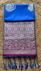 Saree - blue Silk Saree with maroon Zari Border