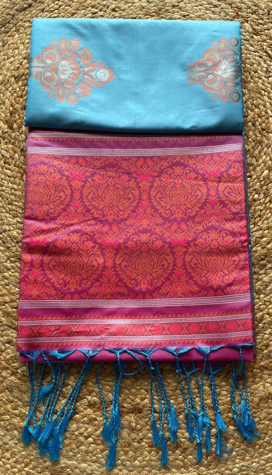 Saree - Skyblue Silk Saree with red Zari Border