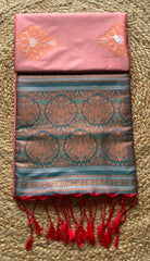 Saree - light pink Silk Saree with green Zari Border