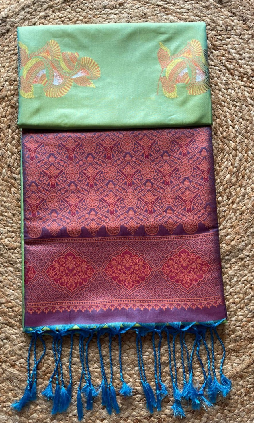 Saree - light green Silk Saree with maroon Zari Border