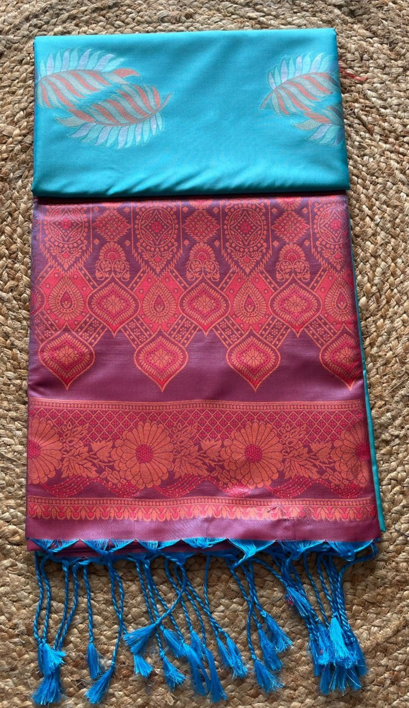 Saree - Skyblue Silk Saree with maroon Zari Border