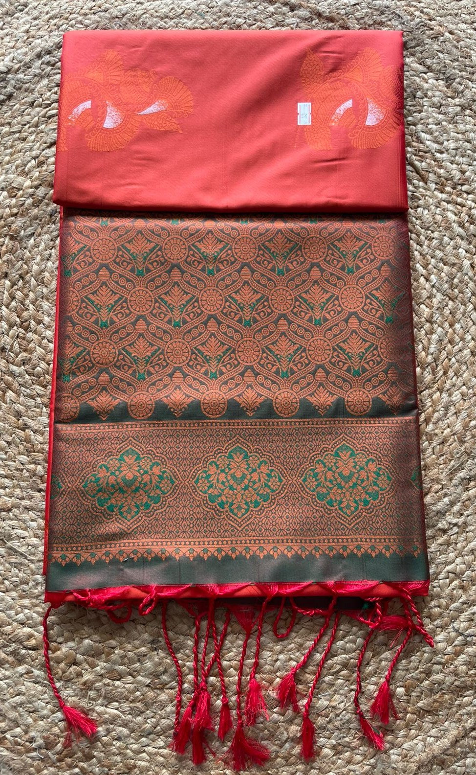 Saree - Red Silk Saree with green Zari Border