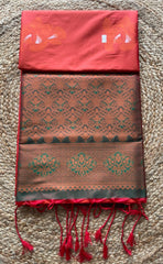 Saree - Red Silk Saree with green Zari Border