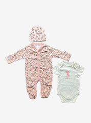 Baby Romper Jumpsuit Cap - Light Pink Black Dots
