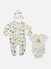 Baby Romper Jumpsuit Cap - White Wild Animals